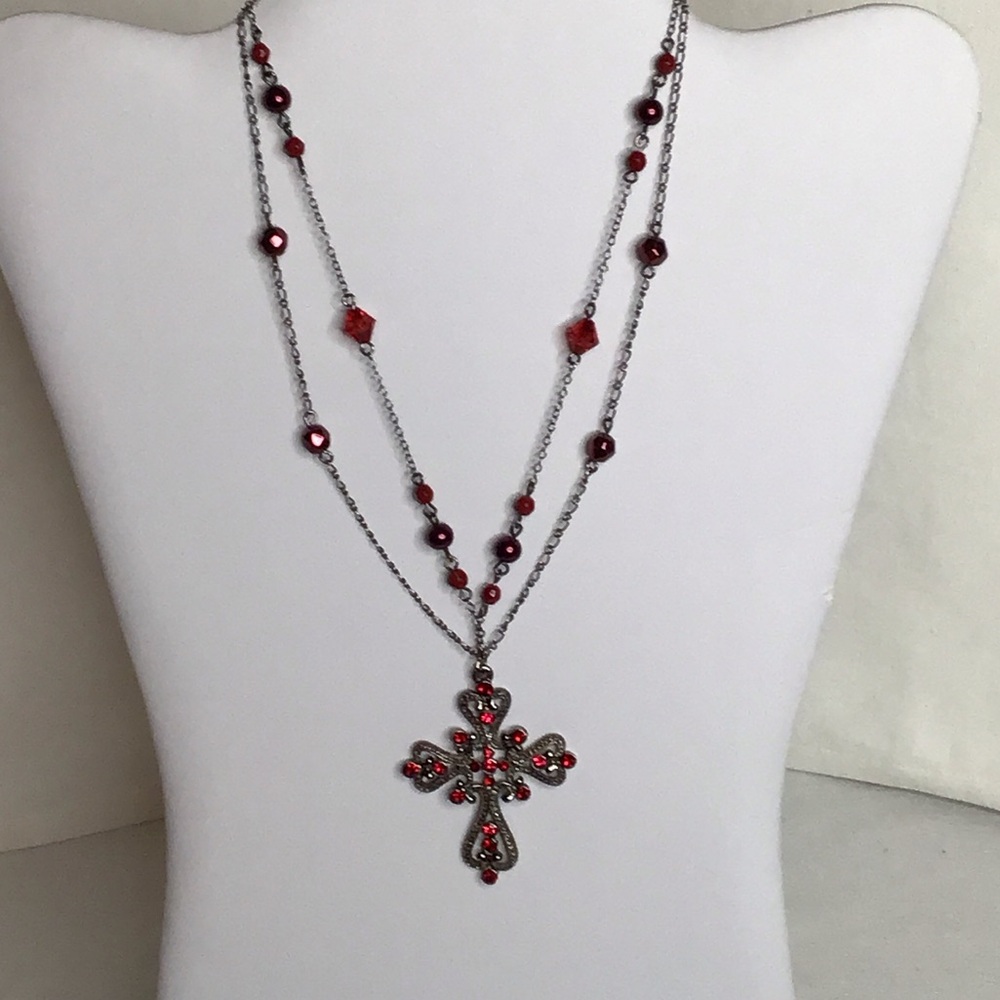 Elegant Red and Silver Cross Pendant Necklace - Picture 1 of 4